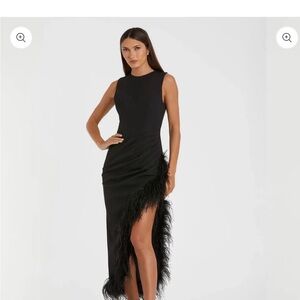 Black Ruched High-Low Sheath Dress with Feather Trim